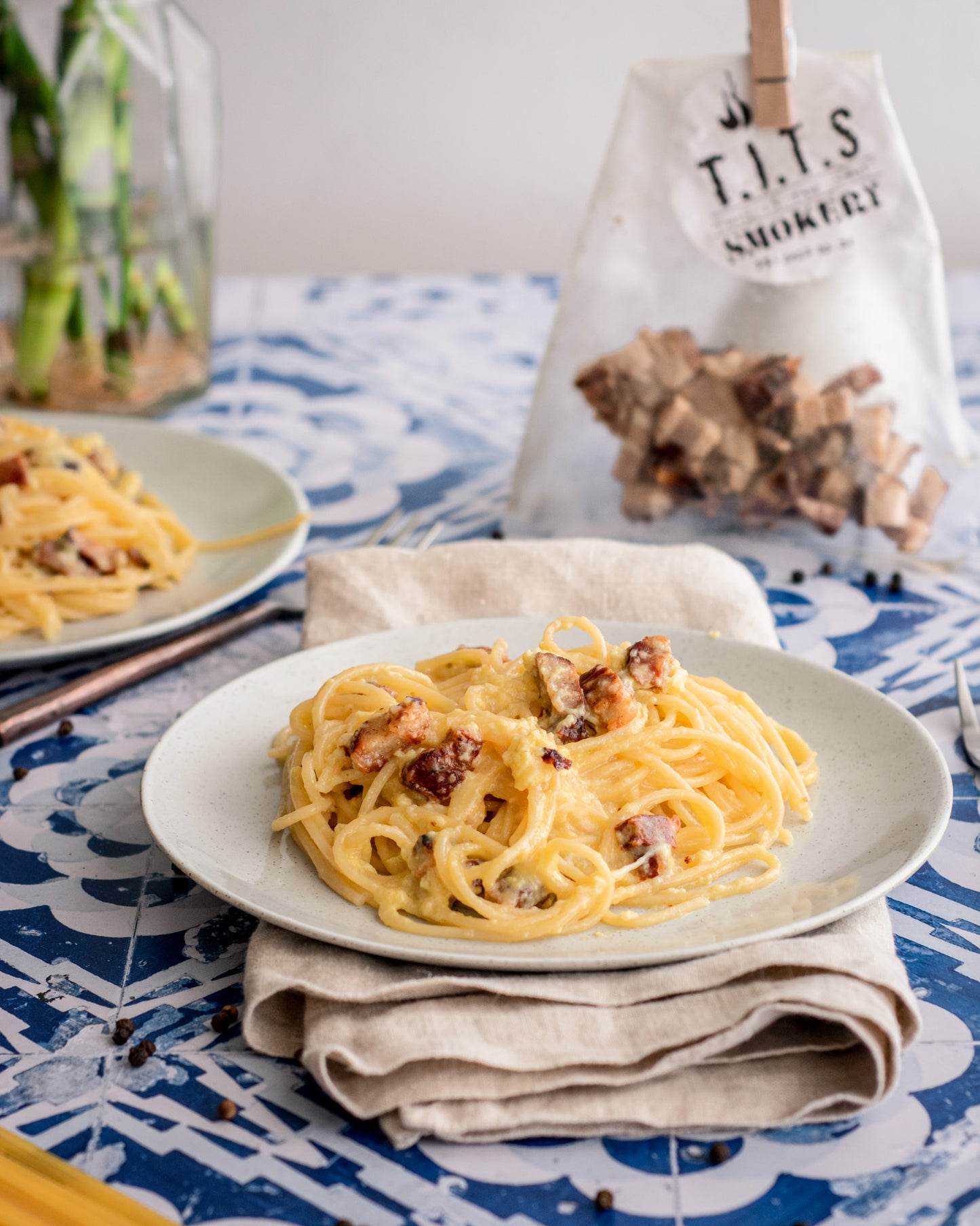 Diced This.Is.The.Shit Smokery aka. T.I.T.S Smokery smoked bacon in a carbonara. Best carbonara ever!