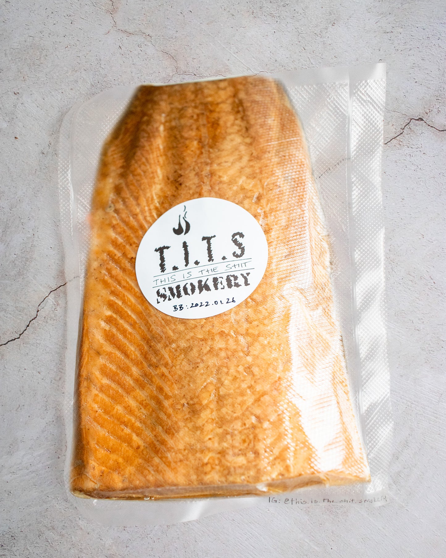 Vacuum Packed Whole smoked side of Salmon by This.Is.The.Shit aka. 'T.I.T.S Smokery'. Smokey goodness delicious and dish enchanting, enhancing!